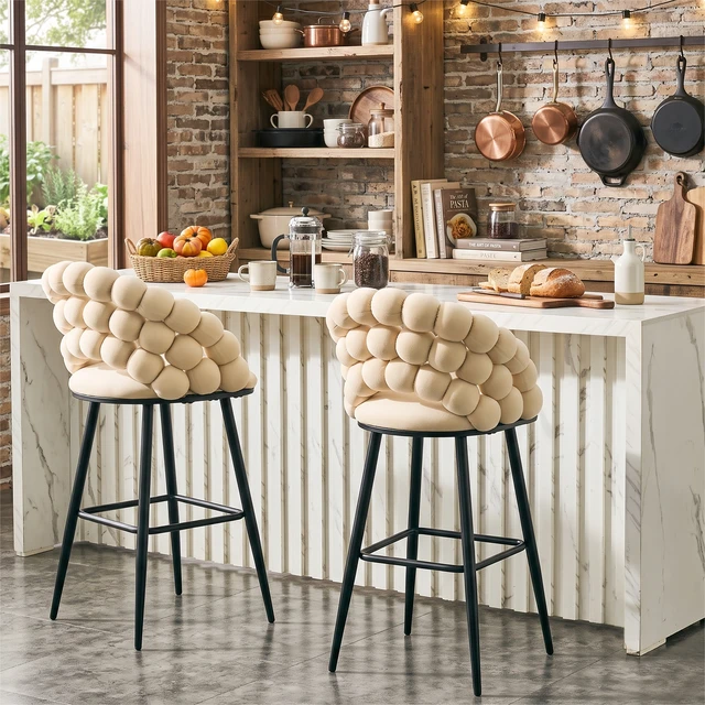 Alt view image 7 of 7 - Bubble Counter Height Bar Stools Set, Velvet Cloud Bubble Back Bar Chairs with Black Metal Legs Upholstered Padded