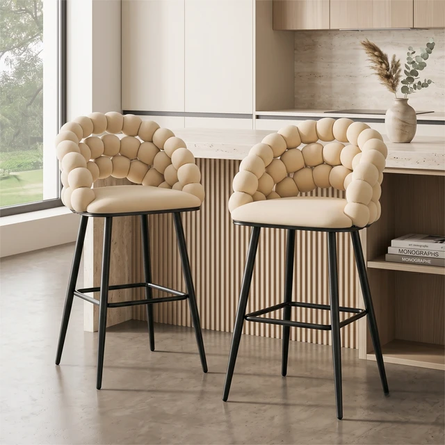 Alt view image 2 of 7 - Bubble Counter Height Bar Stools Set, Velvet Cloud Bubble Back Bar Chairs with Black Metal Legs Upholstered Padded