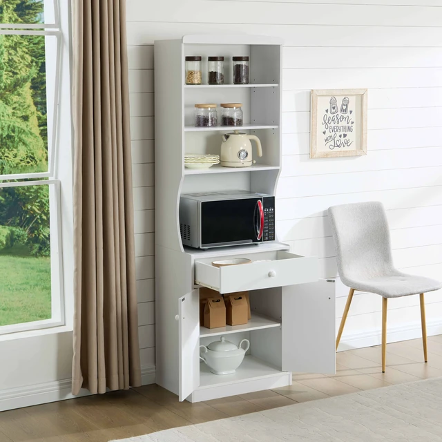 Alt view image 2 of 7 - Microwave Cabinet Station Pantry One Drawer Two Door Cabinet Six Shelves Cord Control Opening Color, White, Particle
