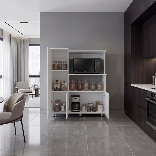 Alt view image 2 of 7 - Kitchen Pantry Cabinet with Microwave Storage and Shelves, White, Particle Board, Servers Sideboards Buffets