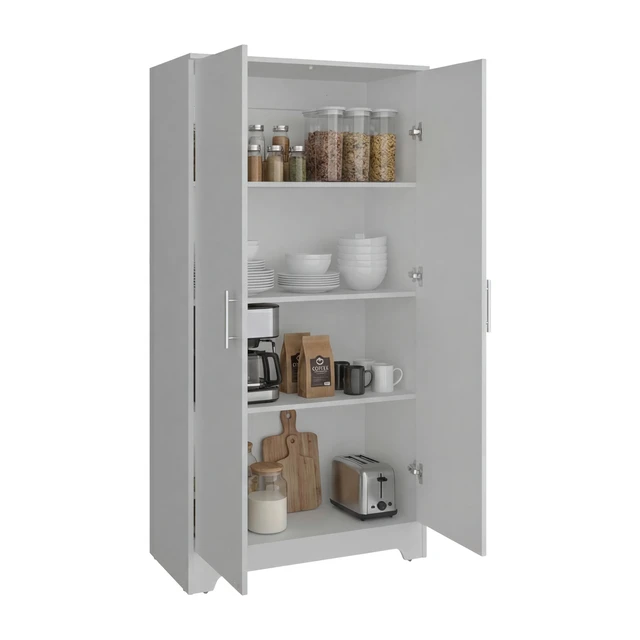 Alt view image 3 of 7 - Tall Pantry Cabinet with Two Doors, Fixed Shelves Kitchen Storage Organizer Freestanding Food Storage Solution, White