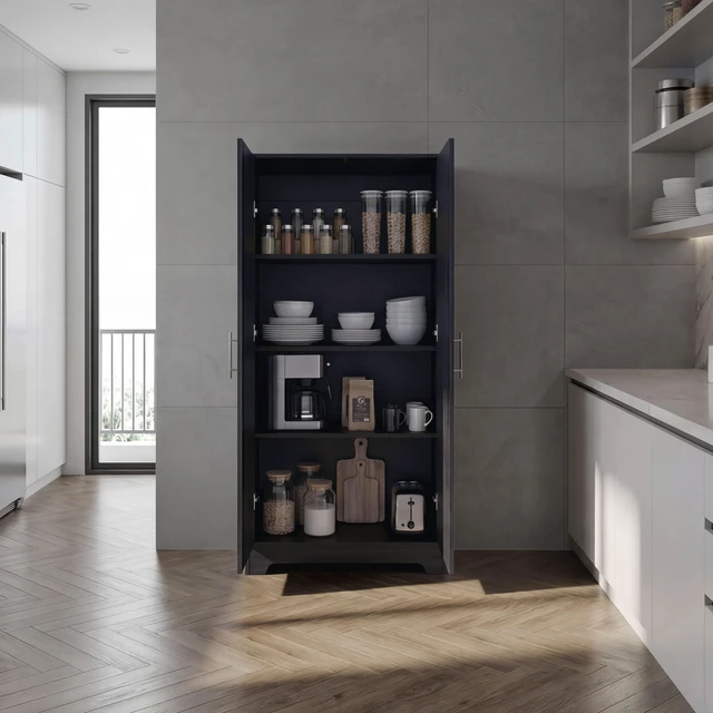 Alt view image 2 of 7 - Tall Pantry Cabinet with Two Doors, Fixed Shelves Kitchen Storage Organizer Freestanding Food Storage Solution, Wenge