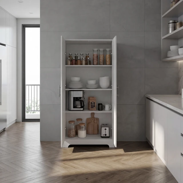 Alt view image 2 of 7 - Tall Pantry Cabinet with Two Doors, Fixed Shelves Kitchen Storage Organizer Freestanding Food Storage Solution, White