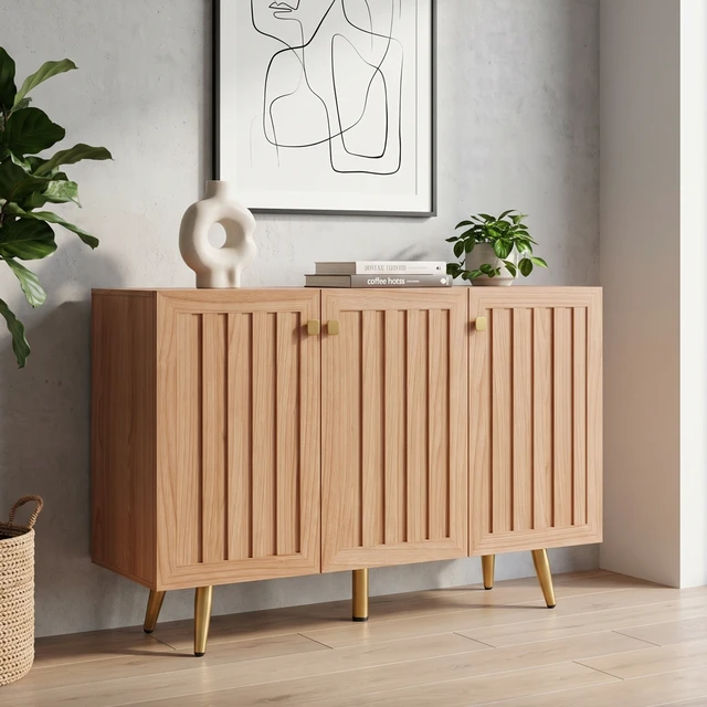 Alt view image 2 of 7 - 46.9 Inch Fluted 3 Door Sideboard Buffet Cabinet with 3 Shelves, Oak, Particle Board and MDF, Servers Sideboards
