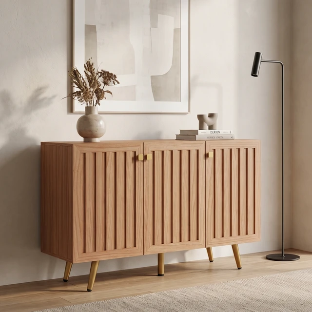 Alt view image 3 of 7 - 46.9 Inch Fluted 3 Door Sideboard Buffet Cabinet with 3 Shelves, Oak, Particle Board and MDF, Servers Sideboards