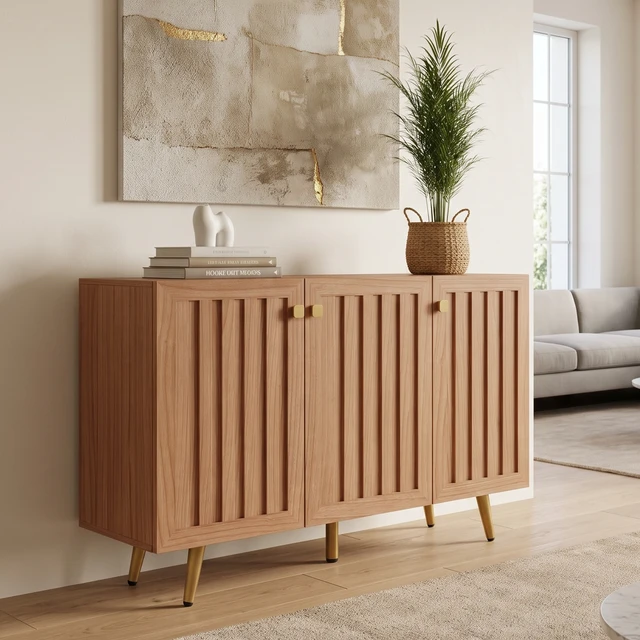 Alt view image 4 of 7 - 46.9 Inch Fluted 3 Door Sideboard Buffet Cabinet with 3 Shelves, Oak, Particle Board and MDF, Servers Sideboards