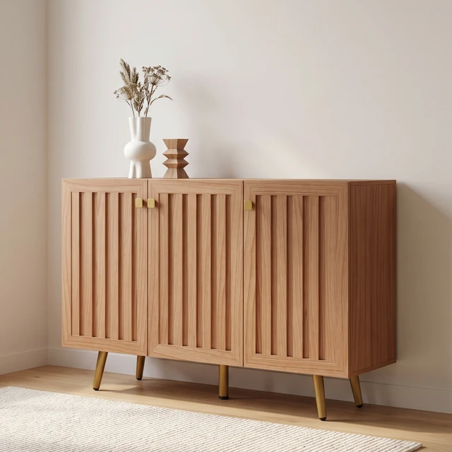 Alt view image 5 of 7 - 46.9 Inch Fluted 3 Door Sideboard Buffet Cabinet with 3 Shelves, Oak, Particle Board and MDF, Servers Sideboards
