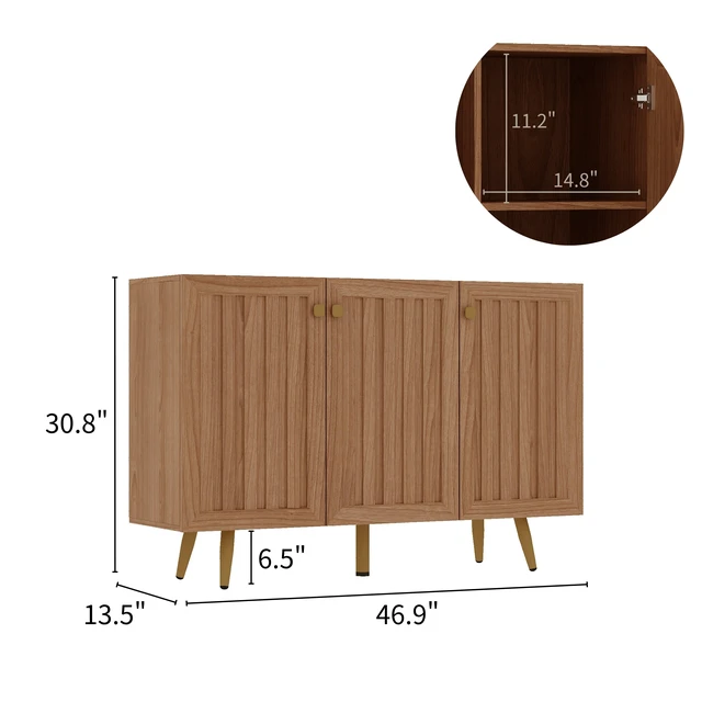 Alt view image 6 of 7 - 46.9 Inch Fluted 3 Door Sideboard Buffet Cabinet with 3 Shelves, Oak, Particle Board and MDF, Servers Sideboards