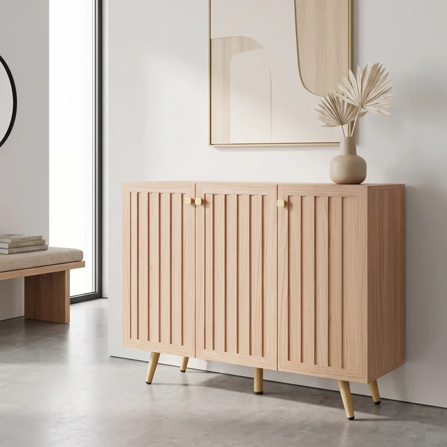 Alt view image 3 of 7 - 46.9 Inch Fluted 3 Door Sideboard Buffet Cabinet with 4 Shelves, Oak, Particle Board and MDF, Servers Sideboards