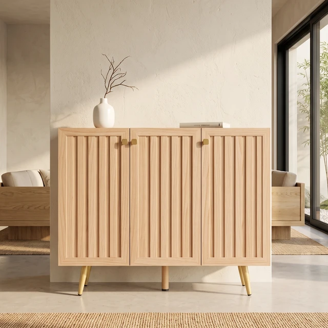 Alt view image 2 of 7 - 46.9 Inch Fluted 3 Door Sideboard Buffet Cabinet with 4 Shelves, Oak, Particle Board and MDF, Servers Sideboards