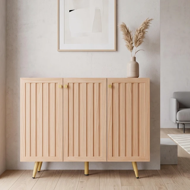 Main image of 46.9 Inch Fluted 3 Door Sideboard Buffet Cabinet with 4 Shelves, Oak, Particle Board and MDF, Servers Sideboards