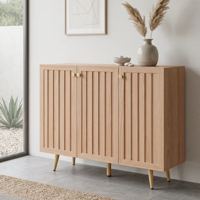 Alt view image 4 of 7 - 46.9 Inch Fluted 3 Door Sideboard Buffet Cabinet with 4 Shelves, Oak, Particle Board and MDF, Servers Sideboards