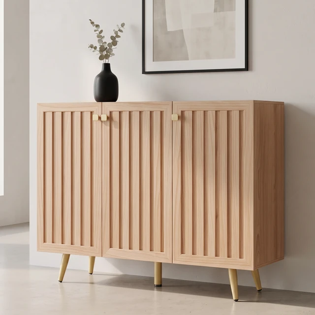 Alt view image 5 of 7 - 46.9 Inch Fluted 3 Door Sideboard Buffet Cabinet with 4 Shelves, Oak, Particle Board and MDF, Servers Sideboards