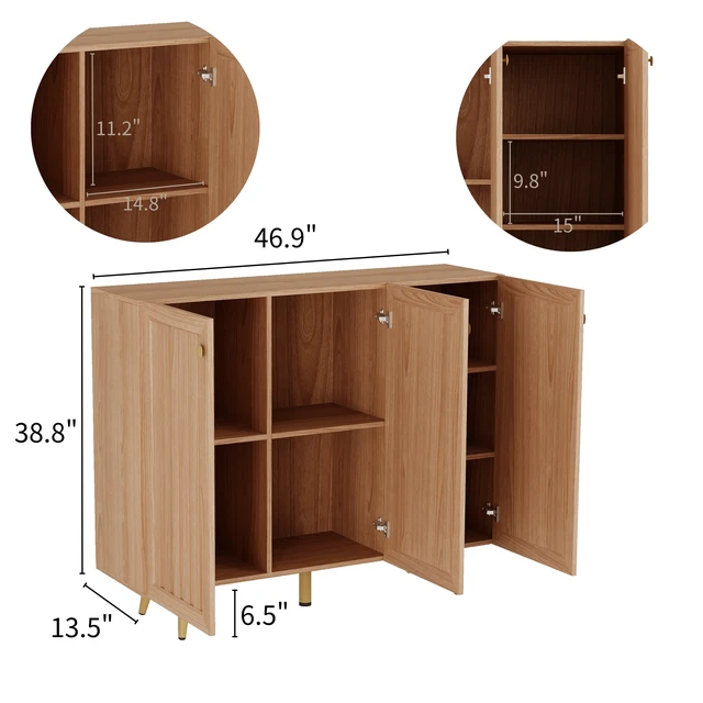Alt view image 7 of 7 - 46.9 Inch Fluted 3 Door Sideboard Buffet Cabinet with 4 Shelves, Oak, Particle Board and MDF, Servers Sideboards