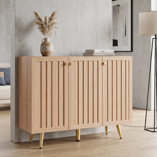 Alt view image 6 of 7 - 46.9 Inch Fluted 3 Door Sideboard Buffet Cabinet with 4 Shelves, Oak, Particle Board and MDF, Servers Sideboards