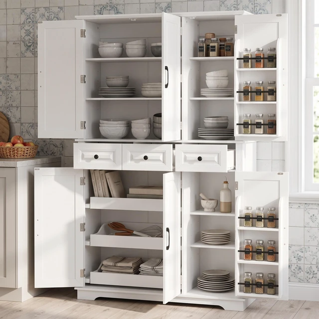 Main image of 72 Inch Tall Kitchen Pantry Cabinet with Pull Out Tray, Embossed Texture Storage Cabinet with 6 Door Racks Freestanding