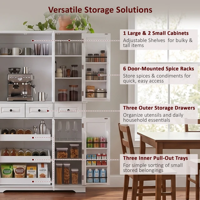 Alt view image 4 of 7 - 72 Inch Tall Kitchen Pantry Cabinet with Pull Out Tray, Embossed Texture Storage Cabinet with 6 Door Racks Freestanding