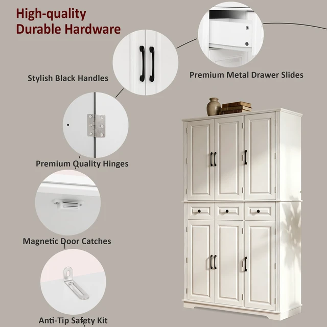Alt view image 5 of 7 - 72 Inch Tall Kitchen Pantry Cabinet with Pull Out Tray, Embossed Texture Storage Cabinet with 6 Door Racks Freestanding
