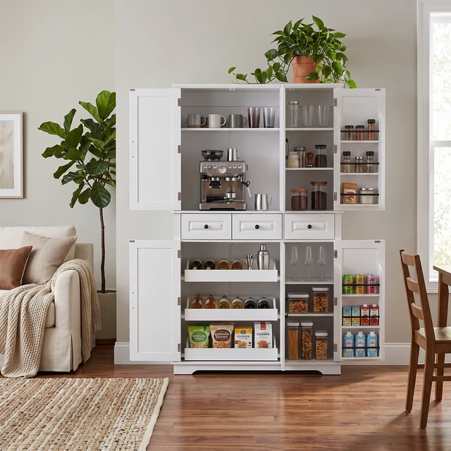 Alt view image 2 of 7 - 72 Inch Tall Kitchen Pantry Cabinet with Pull Out Tray, Embossed Texture Storage Cabinet with 6 Door Racks Freestanding