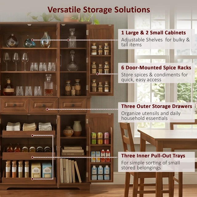 Alt view image 4 of 7 - 72 Inch Tall Kitchen Pantry Cabinet with Pull Out Tray, Embossed Texture Storage Cabinet with 6 Door Racks Freestanding