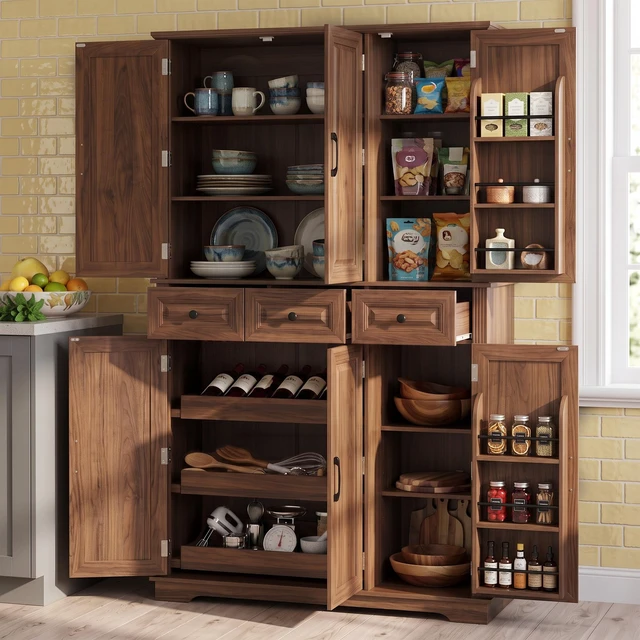 Main image of 72 Inch Tall Kitchen Pantry Cabinet with Pull Out Tray, Embossed Texture Storage Cabinet with 6 Door Racks Freestanding