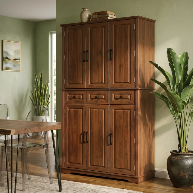 Alt view image 3 of 7 - 72 Inch Tall Kitchen Pantry Cabinet with Pull Out Tray, Embossed Texture Storage Cabinet with 6 Door Racks Freestanding