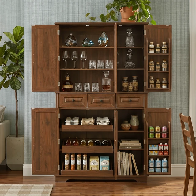 Alt view image 2 of 7 - 72 Inch Tall Kitchen Pantry Cabinet with Pull Out Tray, Embossed Texture Storage Cabinet with 6 Door Racks Freestanding