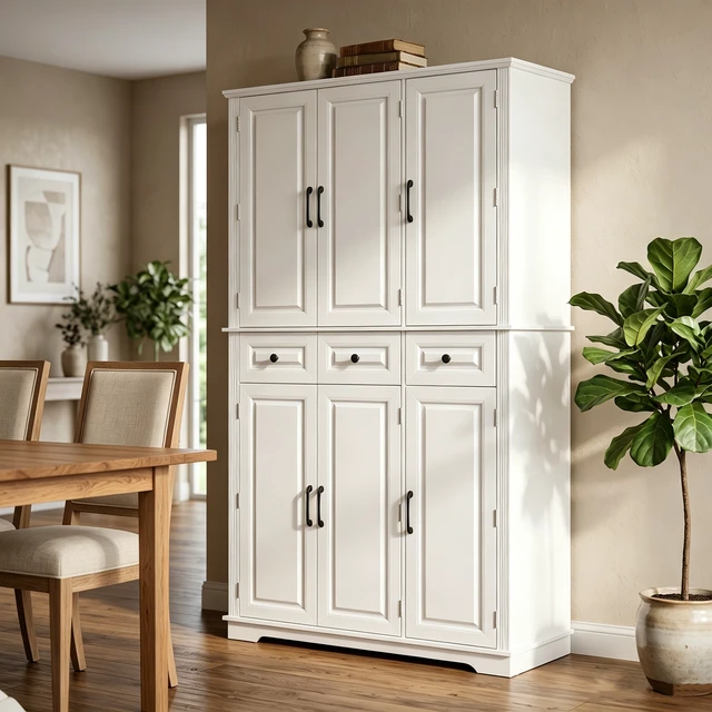 Alt view image 3 of 7 - 72 Inch Tall Kitchen Pantry Cabinet with Pull Out Tray, Embossed Texture Storage Cabinet with 6 Door Racks Freestanding