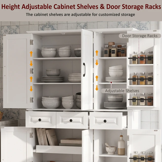 Alt view image 6 of 7 - 72 Inch Tall Kitchen Pantry Cabinet with Pull Out Tray, Embossed Texture Storage Cabinet with 6 Door Racks Freestanding