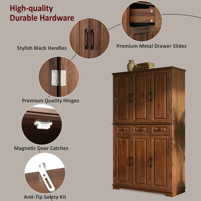 Alt view image 5 of 7 - 72 Inch Tall Kitchen Pantry Cabinet with Pull Out Tray, Embossed Texture Storage Cabinet with 6 Door Racks Freestanding