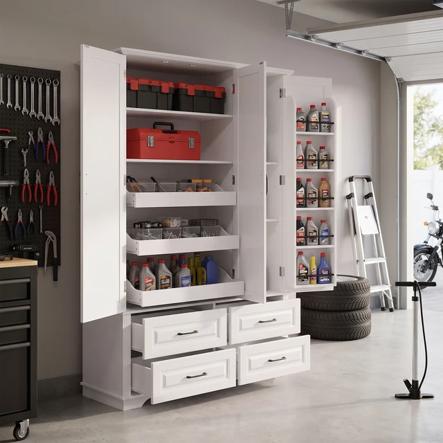 Alt view image 5 of 7 - 72 Inch Kitchen Pantry Cabinet with Pull Out Tray, Embossed Wood Grain Storage Cabinet with 5 Door Racks Freestanding