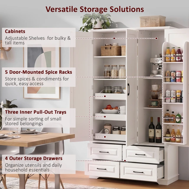 Alt view image 6 of 7 - 72 Inch Kitchen Pantry Cabinet with Pull Out Tray, Embossed Wood Grain Storage Cabinet with 5 Door Racks Freestanding
