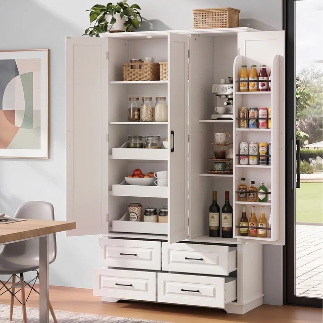 Alt view image 4 of 7 - 72 Inch Kitchen Pantry Cabinet with Pull Out Tray, Embossed Wood Grain Storage Cabinet with 5 Door Racks Freestanding