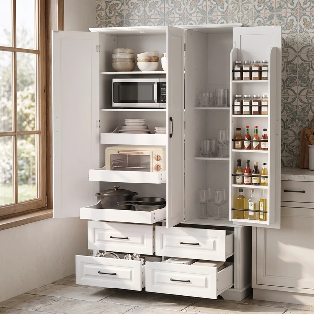 Alt view image 3 of 7 - 72 Inch Kitchen Pantry Cabinet with Pull Out Tray, Embossed Wood Grain Storage Cabinet with 5 Door Racks Freestanding