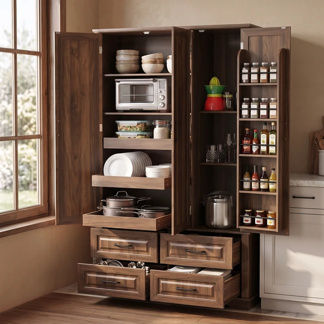 Alt view image 3 of 7 - 72 Inch Kitchen Pantry Cabinet with Pull Out Tray, Embossed Wood Grain Storage Cabinet with 5 Door Racks Freestanding