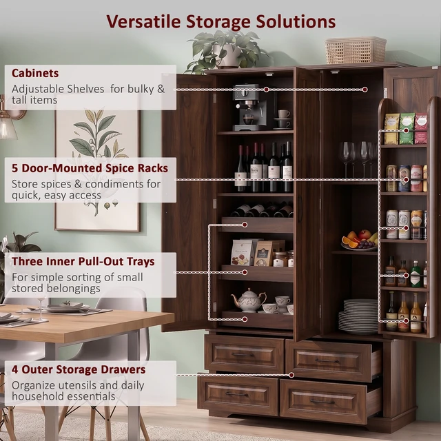 Alt view image 6 of 7 - 72 Inch Kitchen Pantry Cabinet with Pull Out Tray, Embossed Wood Grain Storage Cabinet with 5 Door Racks Freestanding
