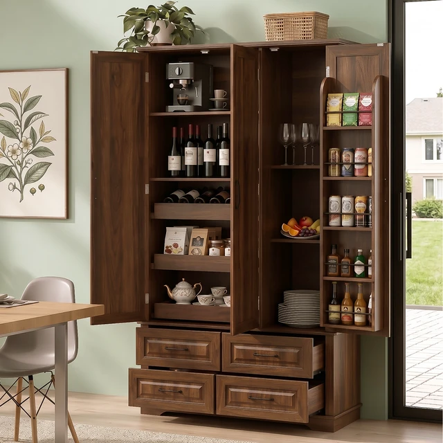 Alt view image 4 of 7 - 72 Inch Kitchen Pantry Cabinet with Pull Out Tray, Embossed Wood Grain Storage Cabinet with 5 Door Racks Freestanding