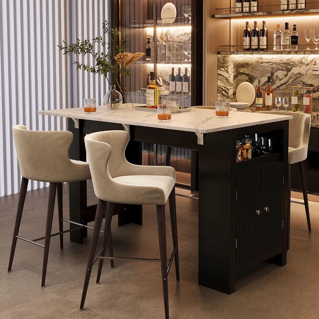 Main image of Sideboard with Foldable Tabletop, Marble Grain Top 2 Door Storage Cabinet Adjustable Shelves Side Hooks MDF