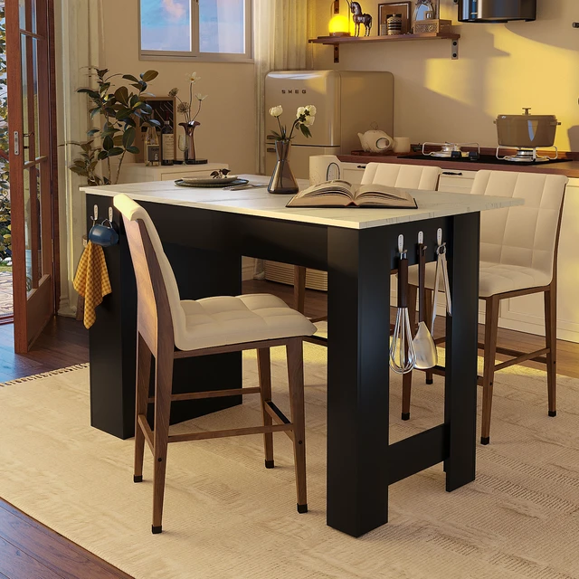Alt view image 2 of 7 - Sideboard with Foldable Tabletop, Marble Grain Top 2 Door Storage Cabinet Adjustable Shelves Side Hooks MDF