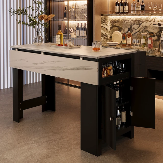 Alt view image 3 of 7 - Sideboard with Foldable Tabletop, Marble Grain Top 2 Door Storage Cabinet Adjustable Shelves Side Hooks MDF