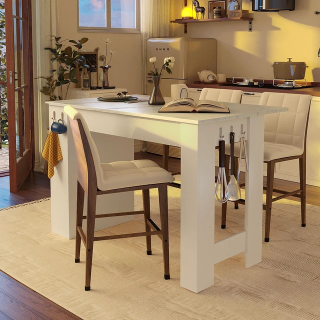 Main image of Sideboard with Foldable Tabletop, Marble Grain Top 2 Door Storage Cabinet Adjustable Shelves Side Hooks MDF