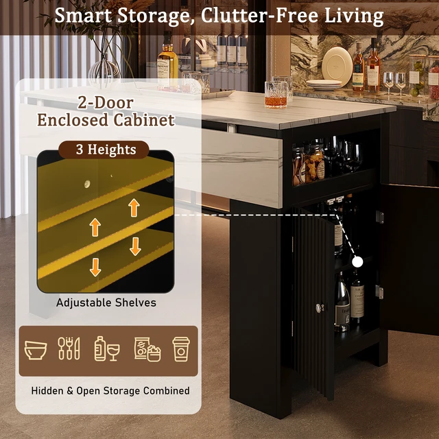 Alt view image 5 of 7 - Sideboard with Foldable Tabletop, Marble Grain Top 2 Door Storage Cabinet Adjustable Shelves Side Hooks MDF