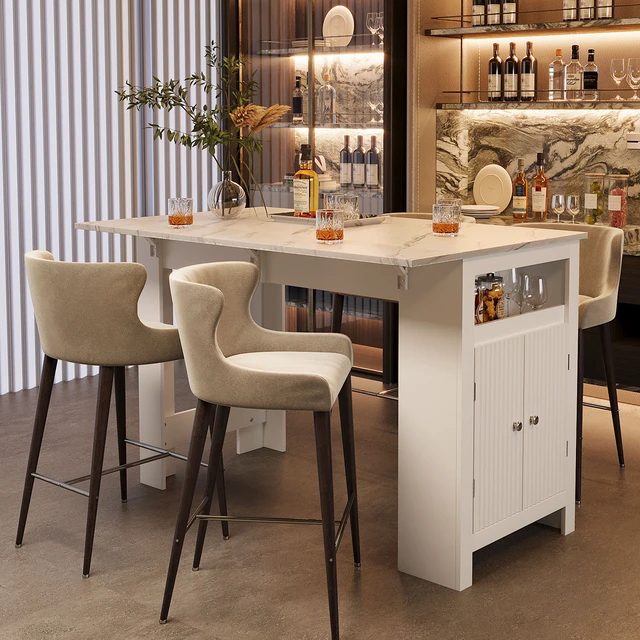 Alt view image 2 of 7 - Sideboard with Foldable Tabletop, Marble Grain Top 2 Door Storage Cabinet Adjustable Shelves Side Hooks MDF
