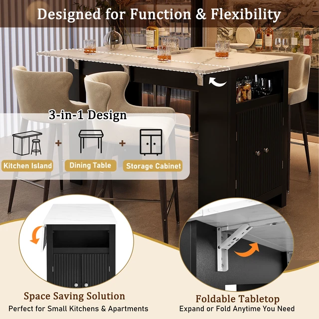 Alt view image 4 of 7 - Sideboard with Foldable Tabletop, Marble Grain Top 2 Door Storage Cabinet Adjustable Shelves Side Hooks MDF