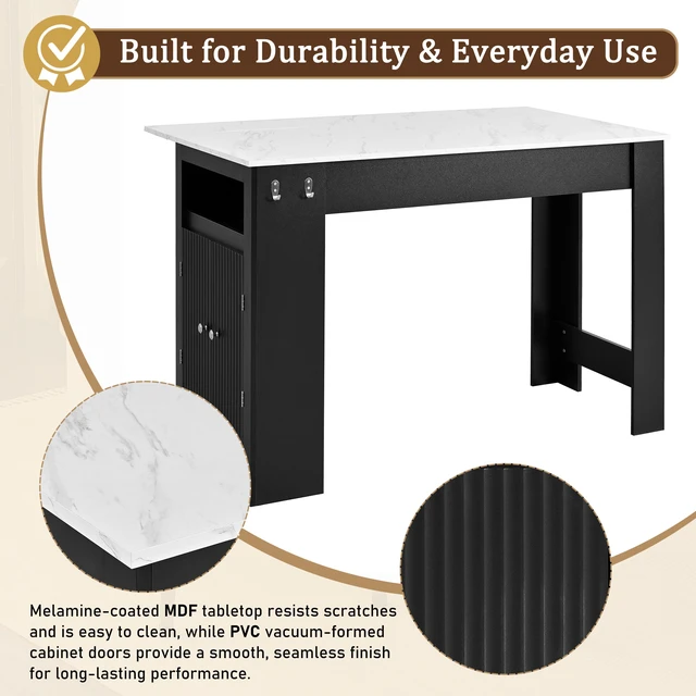Alt view image 7 of 7 - Sideboard with Foldable Tabletop, Marble Grain Top 2 Door Storage Cabinet Adjustable Shelves Side Hooks MDF