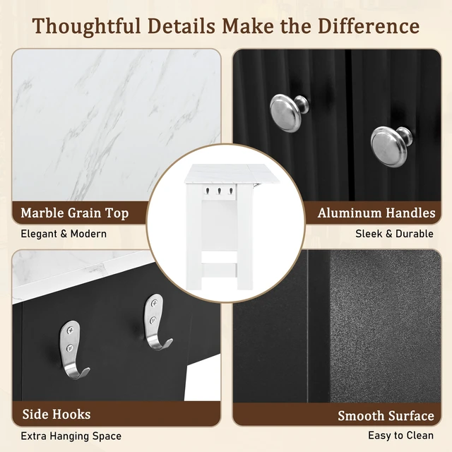 Alt view image 6 of 7 - Sideboard with Foldable Tabletop, Marble Grain Top 2 Door Storage Cabinet Adjustable Shelves Side Hooks MDF