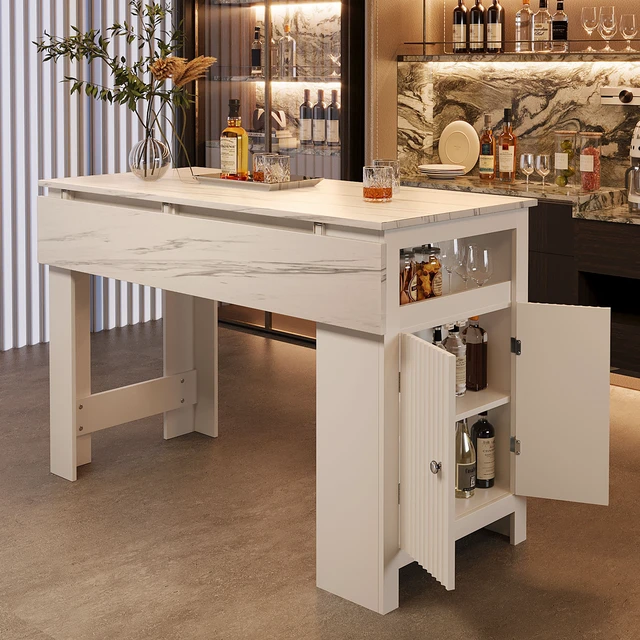 Alt view image 3 of 7 - Sideboard with Foldable Tabletop, Marble Grain Top 2 Door Storage Cabinet Adjustable Shelves Side Hooks MDF