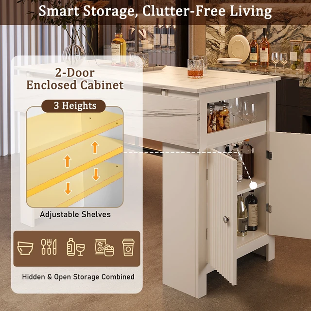 Alt view image 5 of 7 - Sideboard with Foldable Tabletop, Marble Grain Top 2 Door Storage Cabinet Adjustable Shelves Side Hooks MDF