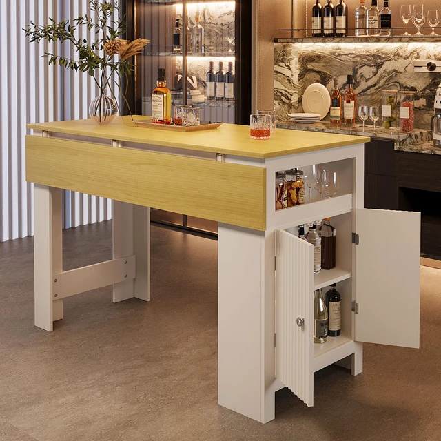 Alt view image 2 of 6 - Sideboard with Foldable Tabletop, Marble Grain Top 2 Door Storage Cabinet Adjustable Shelves Side Hooks MDF