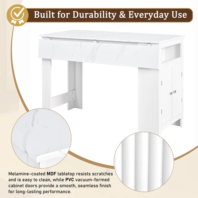 Alt view image 7 of 7 - Sideboard with Foldable Tabletop, Marble Grain Top 2 Door Storage Cabinet Adjustable Shelves Side Hooks MDF